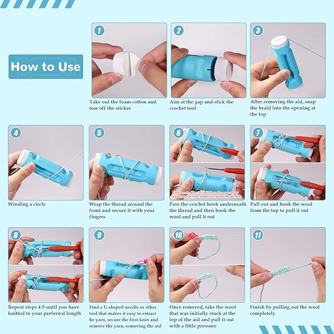 Crochet Loop Guide for Beginners, Durable Plastic 4" Crochet Holder with 6 Replaceable Sponges, Reusable Yarn Guide Tool Accessories for All Yarn Types, Easy Start Crochet Ring Aid (Blue)
