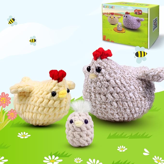 Crochet Kit for Beginners,Chicken Crochet Starter Kit with Step-by-Step Video Tutorials,Crochet Animal Kits for Adults,Chicken Crocheting Set Complete Included