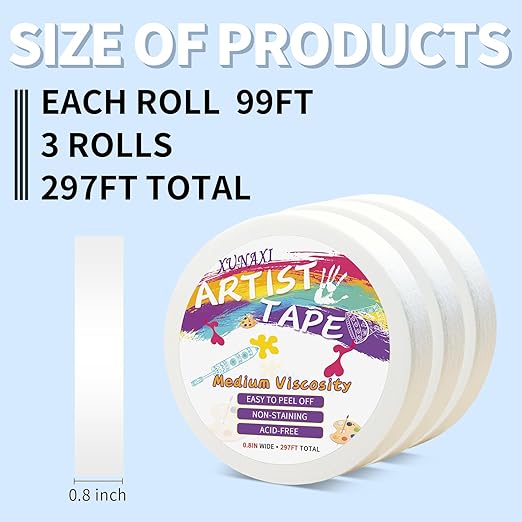 3 Packs Artist Tape Medium Tack White Art Tape for Watercolor Paper Drafting Art Painting Canvas Framing Acid Free Masking Tape- 0.8IN Wide 297FT Long Total