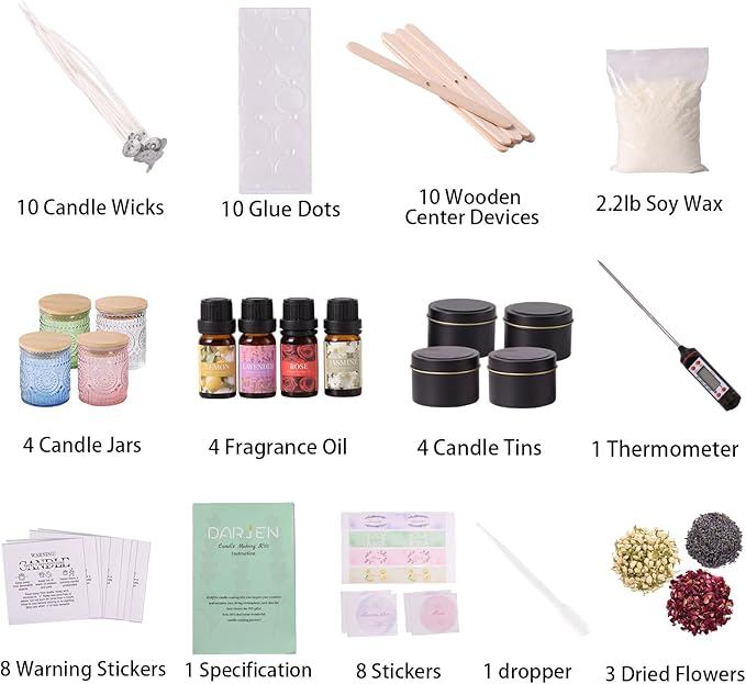 DARJEN Candle Making Kits - Soy Candles Making Supplies for Adults Including 4 Candle Jars(Clear, Pink, Blue, Green), Candle Tins, Wax, Scents, Dried Flower & More, DIY Arts & Crafts Kits Home Decor