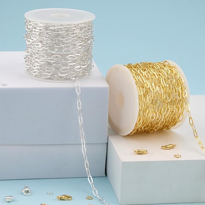 Kyutong 32.8 Feet Gold and Silver Jewelry Making Chains 2 Rolls Paperclip Chain Necklace with Clasps for Women DIY Jewelry Crafts