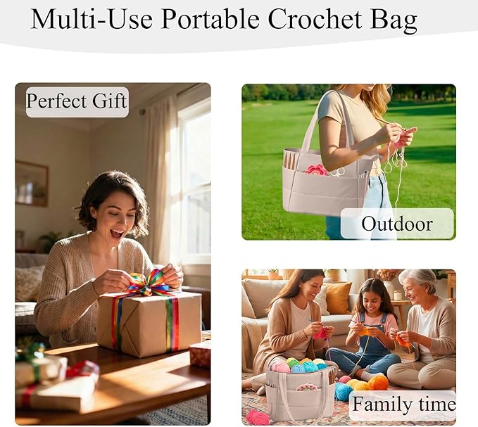 Crochet Bag for Yarn Storage, Puffer Knitting Bag with Soft Handles, Lightweight Yarn Storage Organizer with Zipper for Crochet Accessories, Gifts for Crocheters (Brown)