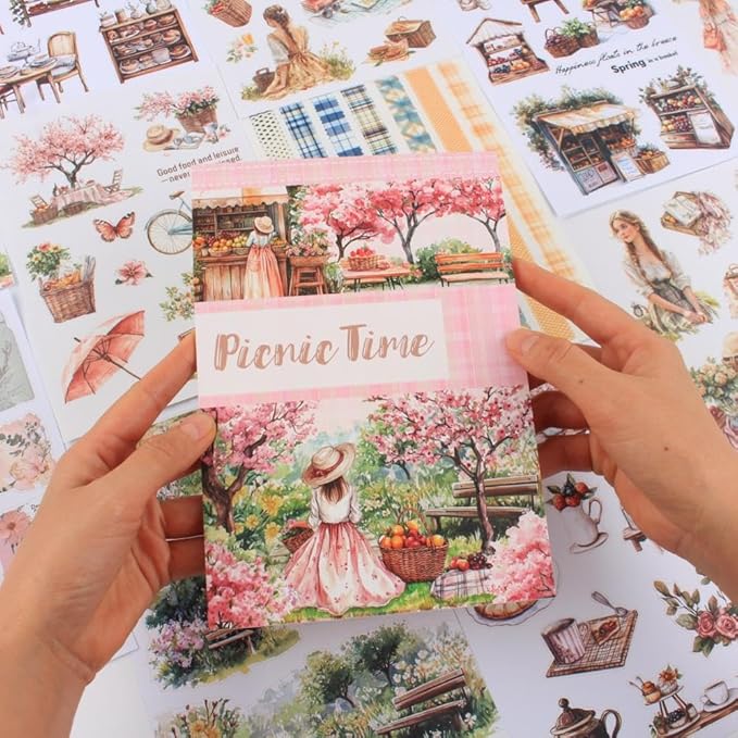 Pre-Cut Picnic Time Scenery Women Sticker Book for Journaling, 20 Sheets A5 PET Washi Paper Materials Stickers for Scrapbooking, Junk Journal Supplies, Planner, Collage