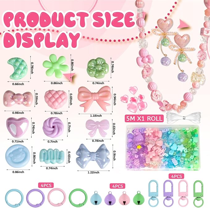 RYKOMO 450-550PCS Assorted Acrylic Beads for Bracelet Making Kit, with Bell, String, Key Rings, Clips in 4 Colors Flowers Hearts Bows Bears Candy Kawaii Cute Beads for DIY Keychain Jewelry Making