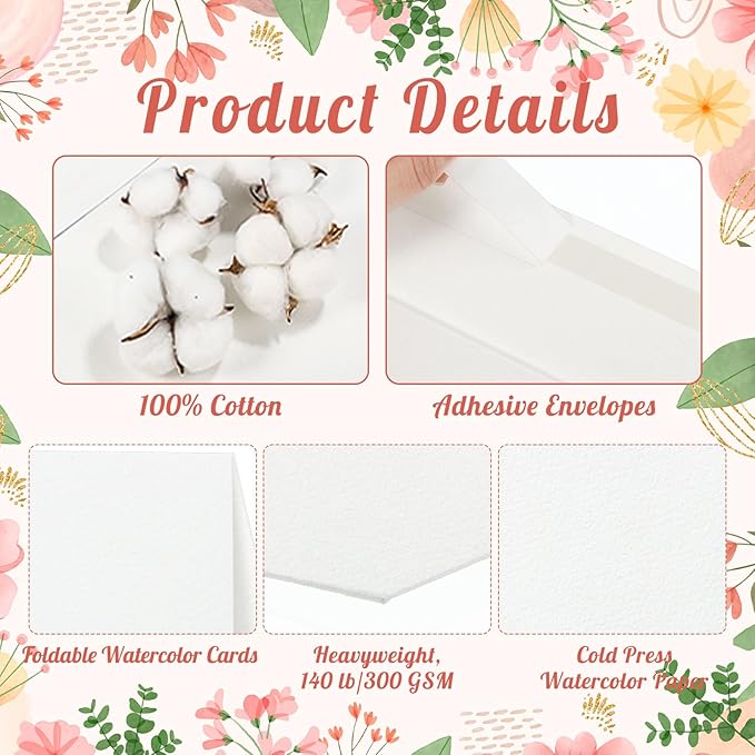 60 Sets Watercolor Cards with Envelopes, 140 lb/300 GSM Watercolor Paper Cards, 4x6 Inch Foldable Blank Watercolor Postcards and Envelopes for Greeting Cards, Wedding Invitations, Thank You Card
