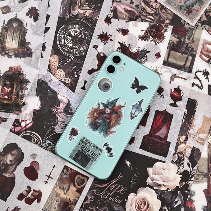 Halloween Stickers for Adults, 50 Sheets Precut Dark Aesthetic Gothic Scrapbook Washi Sticker Book for Junk Journal Supplies, Journaling, Scrap Book Suply