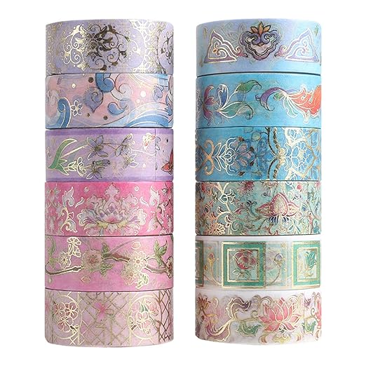 12 Rolls Floral Washi Tape Set, Gold Foil Flower Decorative Washi Masking Tape, Botanical Washi Tape for Scrapbooking, Journal, Planner, DIY Crafts, Gift Wrapping