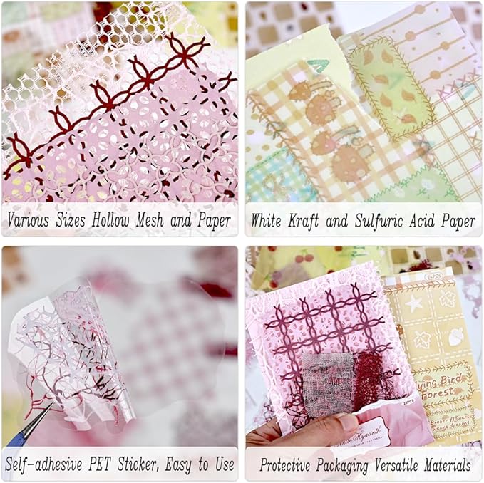 Diuhofart 47 Sheets Scrapbook Textured Papers for Crafts, Pink Theme Hollow Mesh Sticker Decorative Paper, Collage Materials for Junk Journaling Supplies