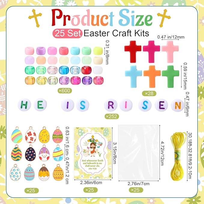 Ferreve 25 Sets Easter Beads Necklace Craft Kit DIY He is Risen Craft Acrylic Cross Bead Alloy Easter Egg Pendant Christian Religious Gifts with Jesus Greeting Card for Church Party Favor Activities