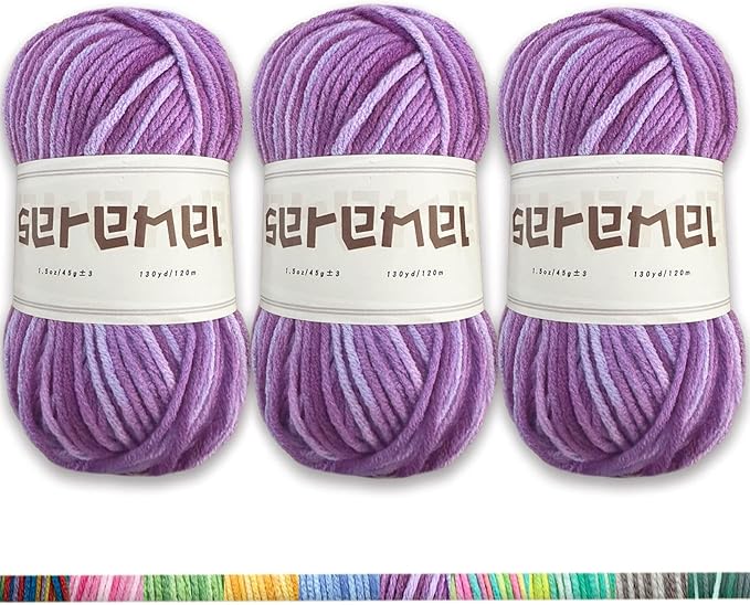 3 Pcs Pack with 5-Ply Acrylic Yarn, 3 Balls of 4.8Oz/135g Soft 3mm Medium Thick Colorful Yarn for Crocheting Knitting, 260 Yds/240m Crochet Blanket、Braids/DIY (Purple White)