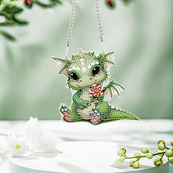 Green Dragon Diamond Painting Kit – 5D DIY Acrylic Pendant with Special Shaped Rhinestones, Cute Fantasy Animal Hanging Ornament for Wall, Window, Door, or Car Mirror Décor, Gift for Adults and Teens