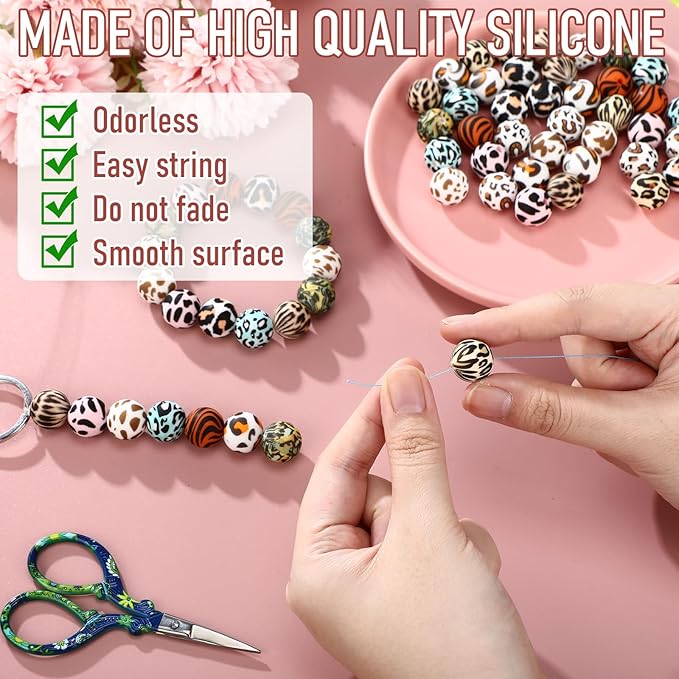 Ferreve 60 Pcs 15mm Silicone Beads Bulk Leopard Print Round Focal Beads Rubber DIY Silicone Loose Bead for Bracelet Making Kit for Keychain Pens Necklace Bracelets Jewelry Making