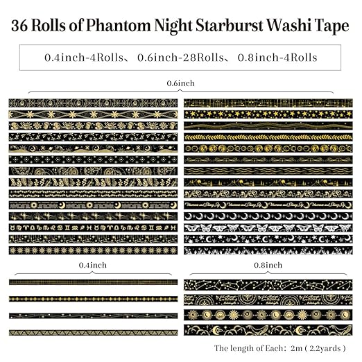 36 Rolls Starry Theme Washi Tape Set with Celestial Patterns - Writeable Decorative Tapes for Scrapbooking, Junk Journal Supplies, Bullet Journaling 0.6" x 79" per Roll