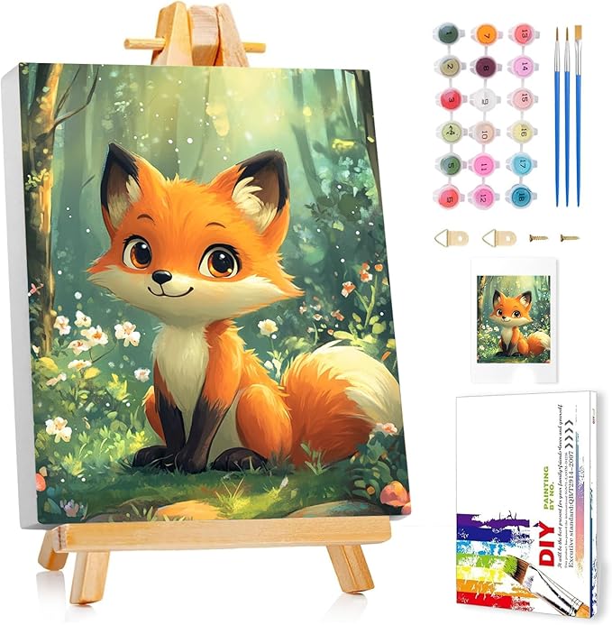 Reivworl Paint by Numbers Kit for Kids - with Frame and Easel, Fox Paint by Number Kids Age 6-8-12 Boys Girls, Paint by Numbers for Gifts and Decor (9.5X12Inch)