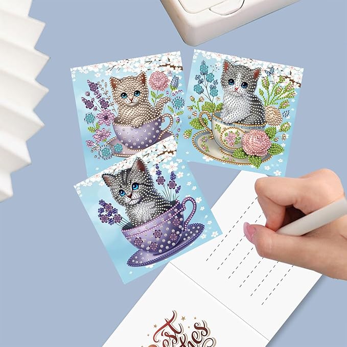 YOKUSHI 12 PCS Cat Diamond Art Painting Greeting Cards, Spring Flowers Craft DIY Card Making Kits for Adults Gifts (Cat)