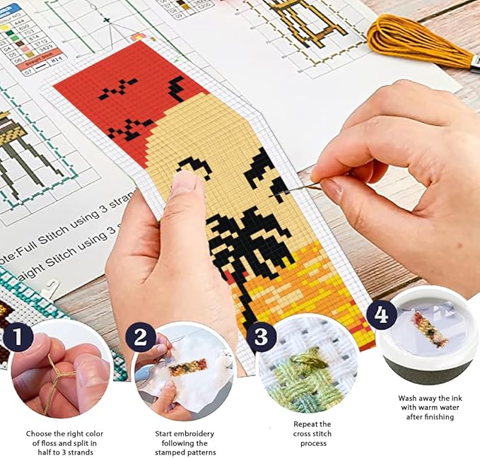 ORIGACH 6 Pcs Cross Stitch Bookmark Kit for Beginner Adults, Sunset Landscapes Stamped Embroidery Bookmark Kit with Instruction for Starters Printed Cross Stitch DIY Kits for Book Lovers