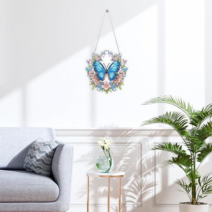 QENSPE Diamond Art Hanging Kits for Adults, 5D Blue Butterfly Special Shape Diamond Paingting Ornaments Kits with Chain, DIY Crystal Window Pendants for Home Garden Wall Decor Double Sided 8X8 inch