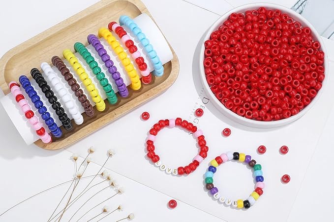 1000Pcs Red Pony Beads 6x9mm Perler Bulk Bead for Bracelets Crafts, Plastic Bead Kit, Hair Braids Kandi Beads for Necklace Keychain Jewelry Making(Red)