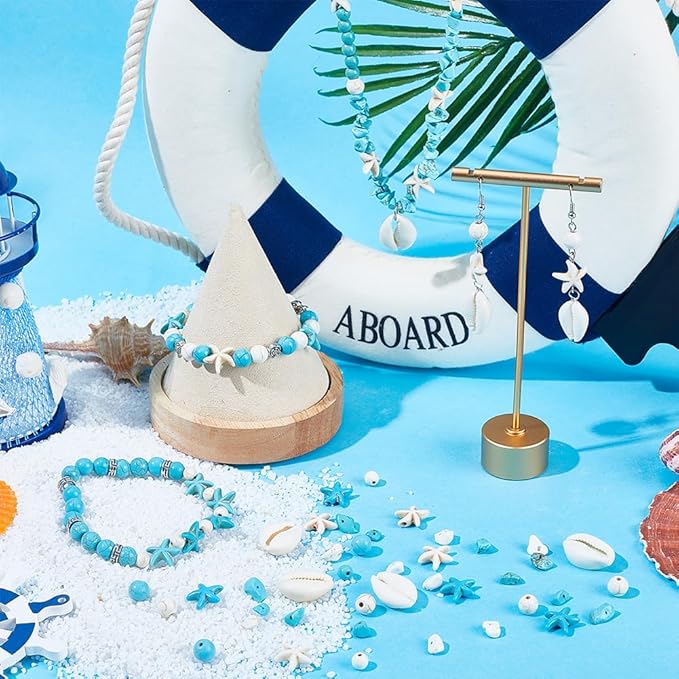 SUNNYCLUE 1 Box About 300Pcs Bohemian Style Starfish Beads Blue White Natural Shell Beads Summer Ocean Animal Starfish Seashell Charms 6mm 8mm Chip Spacers for Jewelry Making Kits