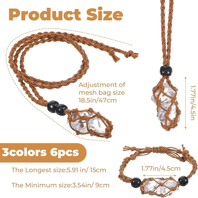 6PCS Adjustable Crystal Holder Necklace Cage and Bracelet Cord Holders, Empty Stone Necklaces Cord Hand-Woven Replacement Pendant Net Cages for Quartz Gemstone, DIY Jewelry Making(3 Colors)