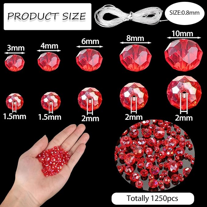 Song Xi 1250PCS 5 Different Size Red Crystal Beads for Jewelry Making, Rondelle Glass Beads for Bracelets Necklace, Earring and Making Supplies, Arts and Crafts, AB Color (3/4/6/8/10mm)