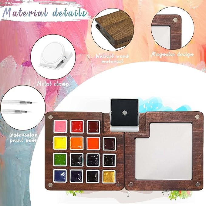 Mini Paint Palette Travel Kit - Mini Travel Watercolor Palette Set, Pocket Artist Water Color Travel Set with Colours, Binder Clips, Watercolor Pens, Wooden Paint Box for Painters Artists Students