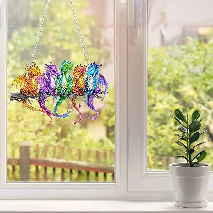 MAXBYE Diamond Art Kits Hanging Colorful Dragon Pendant, DIY 5D Special Shaped Diamond Painting Craft Gem Art Rhinestone for Adults and Home Window Door Decor 8×8 Inch
