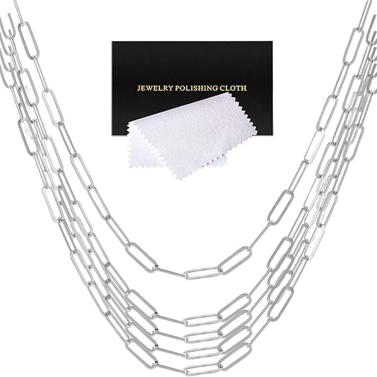 5 Pcs Paperclip Chain Necklace for Women 18 Inch Stainless Steel Silver Charm Necklace Chains Adjustable Link Chains with Lobster Clasps Polishing Cloth for DIY Women Jewelry Making Gifts Supplies