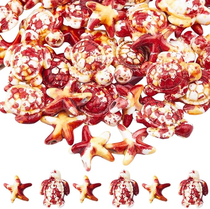 SUNNYCLUE 100PCS 2 Styles Red Turquoise Animal Beads Turtle Starfish Beads Summer Hawaii Ocean Animals Sea Life Lucky Gemstone Loose Spacer Beads for Jewelry Making Beading Kit Bracelets Craft Supply