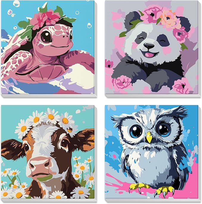 4 Pack Paint by Numbers for Kids with Wooden Framed, Watercolor Turtle, Cute panda, Owl, Cow, Paint by Number Kits on Canvas for Beginner, Acrylic Oil Painting Kits for Home Decor 8x8 inch, Animals