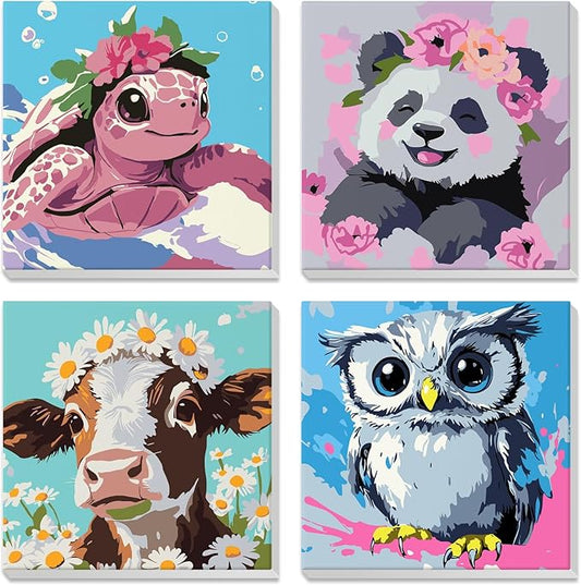 4 Pack Paint by Numbers for Kids with Wooden Framed, Watercolor Turtle, Cute panda, Owl, Cow, Paint by Number Kits on Canvas for Beginner, Acrylic Oil Painting Kits for Home Decor 8x8 inch, Animals