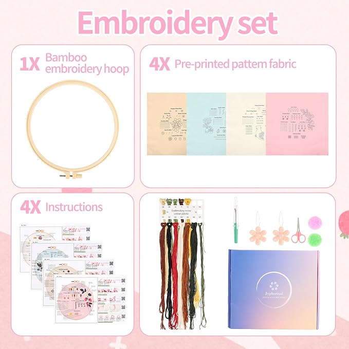 Jyphorixal Embroidery Kit for Beginners Adults Cross Stitch Starter Kit Needle Point Supplies 30 Basic Stitches in 4 Set, DIY Craft Lover Starter Hand Stitch
