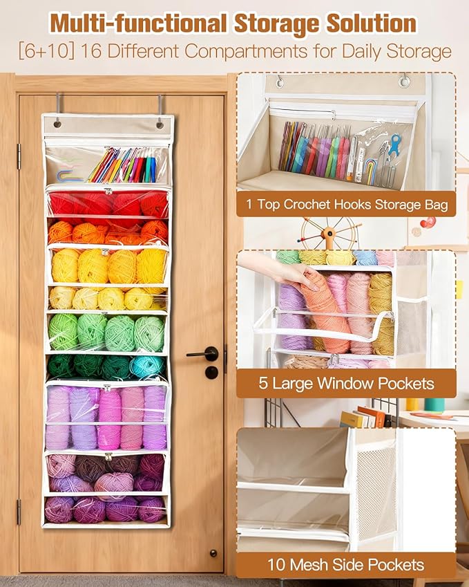 Hanging Yarn Storage Organizer, Large Capacity Over the Door Yarn Organizer with 6 Clear Zipper Pockets 10 Mesh Side Bags, Hanging Yarn Holder Knitting Storage Bag for Crochet Hooks, Beige
