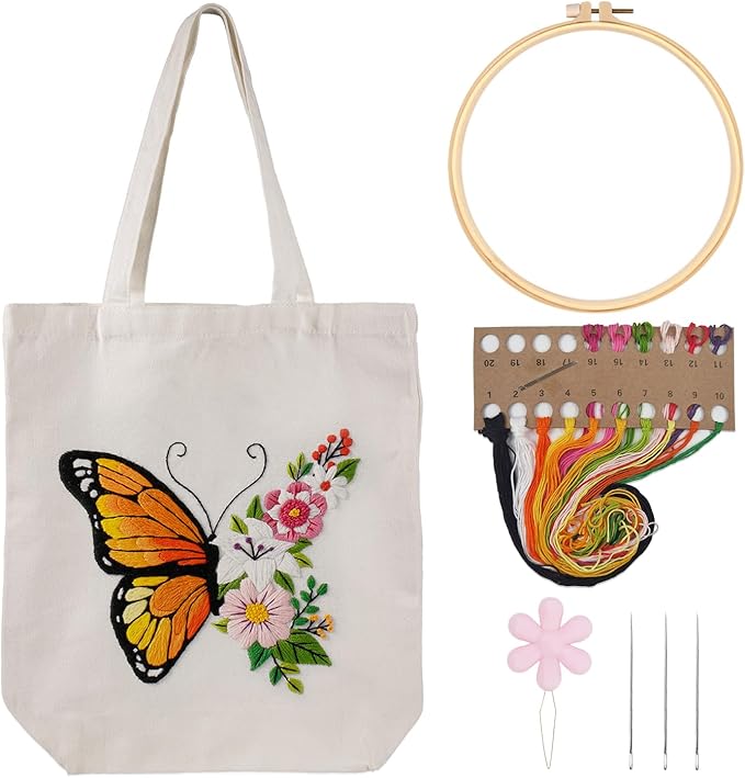 louise maelys embroidery kit canvas tote bag for beginners,cross stitch kits for adults,diy needlepoint with butterfly floral pattern,women shopping reusable grocery bags