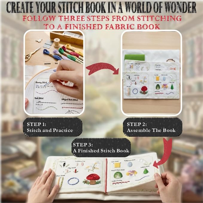 TenDawn Beginner Embroidery Stitch Book with Fabric Pages, 32 Essential Stitches in Structured Learning Order for Adults, DIY Sewing Kit with Floral Motifs, Practice Patterns
