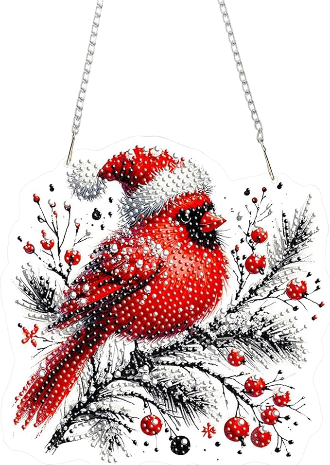 EMIEAUFG Christmas Diamond Art Hanging Kit for Adult, Winter Cardinal Diamond Art Pendants, Double Sided Acrylic & 5D Special Shaped Rhinestone, Christmas DIY Ornament for Windows Home Garden