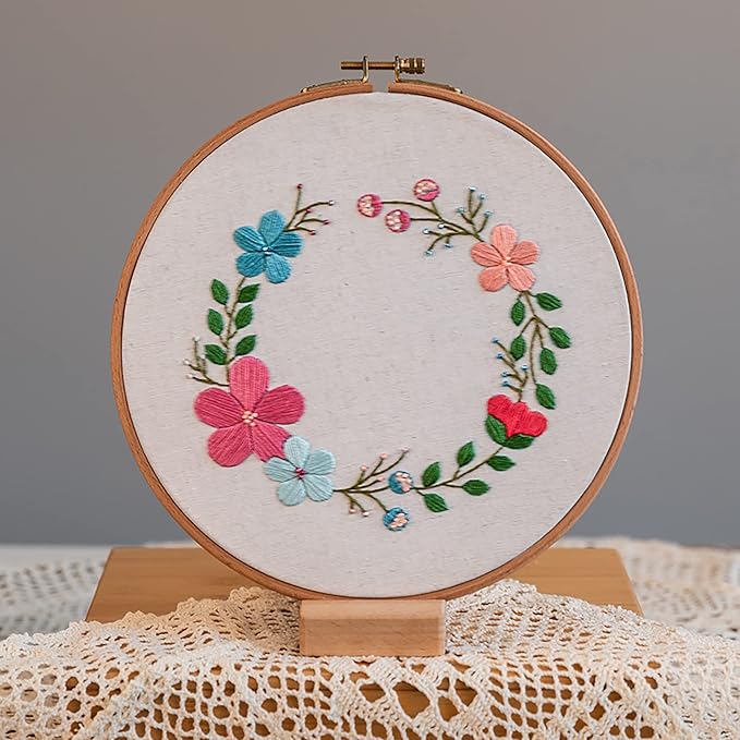 ebherys level-2: 4sets a pack, hand embroidery kit for adults, not cross stitch,lovely flowers, green plants and bird patterns, needlework diy kits, hoops, needle threader and frame(garland)