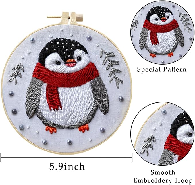 LB Christmas Gnome Embroidery Kit for Beginners: 4-Piece Cross Stitch Set with Penguin, Deer, Green Plant & Fireplace | Adults DIY Starter Kit Includes Hoop, Threads, Tools and Instructions