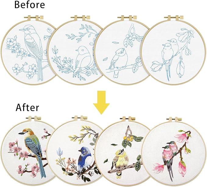 Phylisn 4 Sets Embroidery Kit for Beginners Adults,Needlepoint Starter DIY Kits with Patterns,Hoop,Color Threads,Tools,Easy Learn to Embroider with Instruction & Video