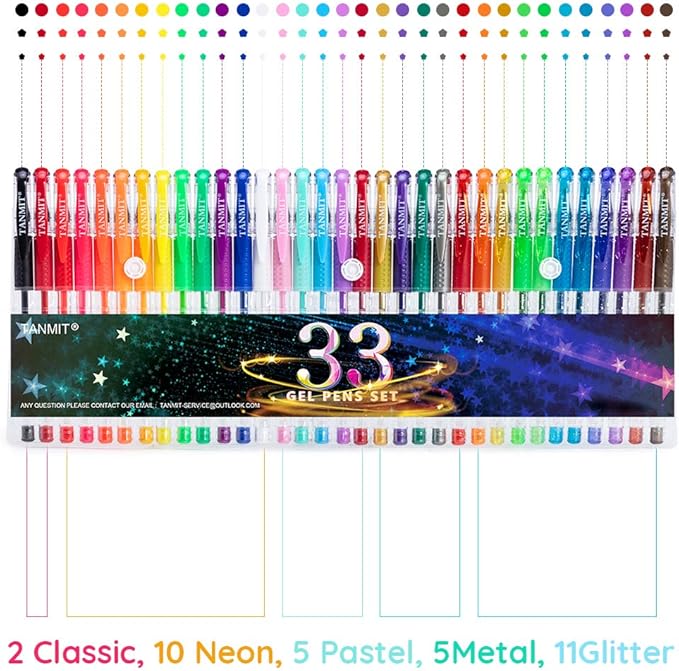TANMIT Gel Pens, 33 Color Gel Pen Fine Point Colored Pen Set with 40% More Ink for Adult Coloring Books, Drawing, Doodling, Scrapbooks Journaling