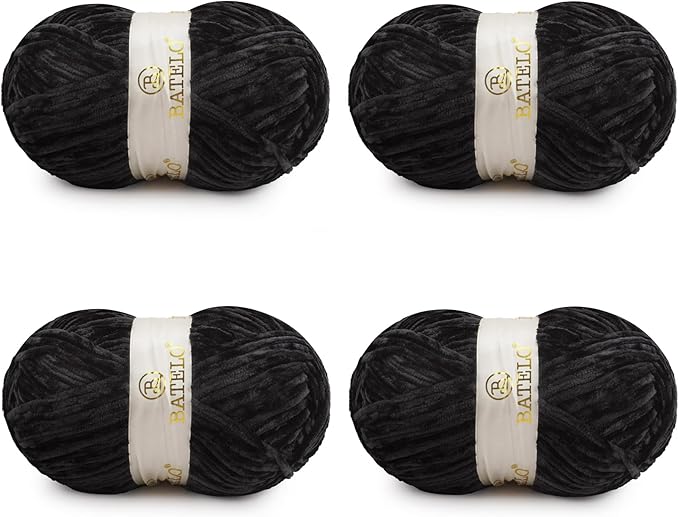 Velvet Chenille Yarn for Crocheting & Knitting 1440 Yards, Soft Thick Fluffy Bulky Blanket Yarn, 4 Pack of 10.5oz (Black)