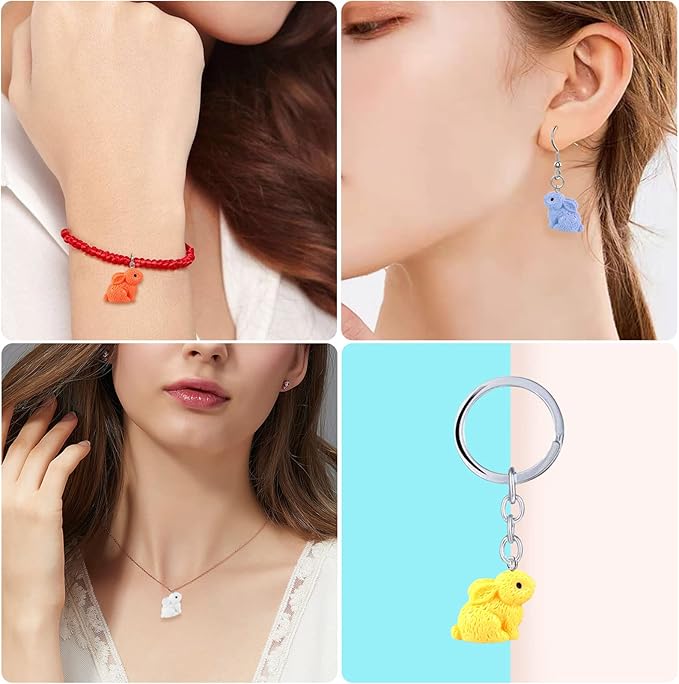 BENOSPACE 20 pcs Easter Rabbit Charm Pendant 3D Resin Bunny Bead Animal Decoration with 50 pcs Open Loops and 20 pcs Ear Hooks Jewelry Making Kit for DIY Bracelet Necklace Keychain Crafts