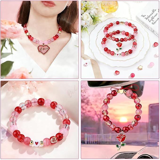 DUQGUHO Valentine's Day Beads for Jewelry Making, 8mm Red Pink White Glass Beads for Bracelet, Heart Beads Gold Bead and Sweet Heart Charms for Bracelet Necklace Crafts DIY 580PCS