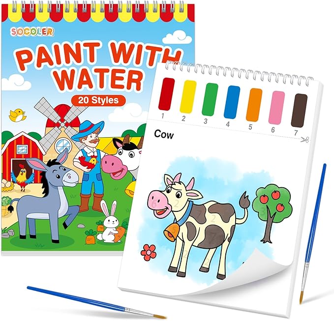 SOCOLER Paint with Water Coloring Books for Toddlers,Farm Theme Mess Free Watercolor Painting Papers for Kids Water Color Paint Kit Art Craft Birthday Gift for Ages 1-3, 4-8
