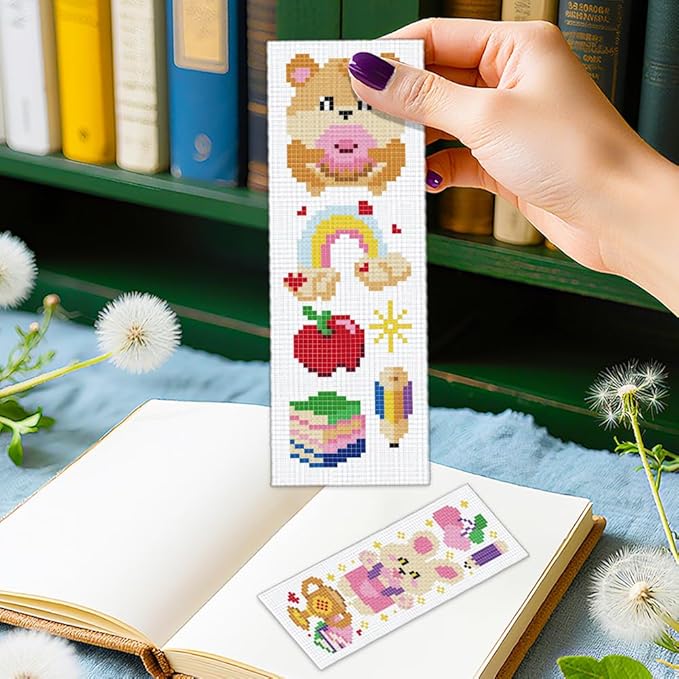 ORIGACH 6 Set Cartoon Animal & Reading Elements Cross Stitch Bookmark Kit for Beginner with Backing Felt Floss Instructions DIY Stamped Embroidery Bookmark Kit for Adults, Book Lovers