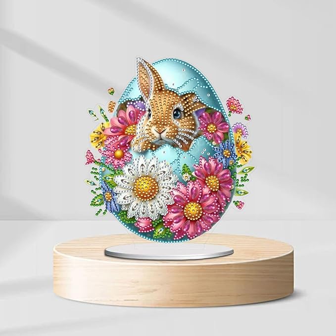 DIY Dot Diamond Desktop Easter Creative Ornaments Diamond Art Painting by Number Embroidery Arts and Crafts Easter for Home Office Garden Decoration (Single Side Dot Diamond)-23-Easter Bunny Egg