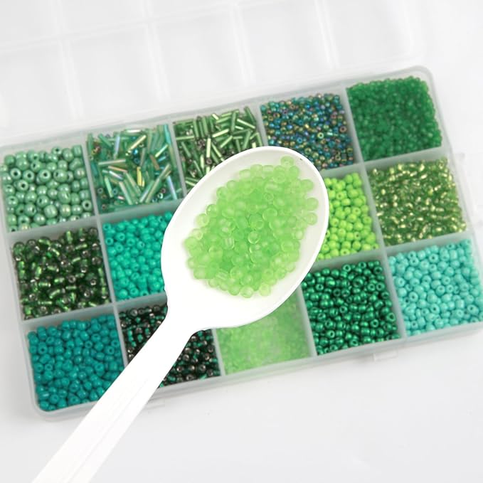 GTAAOY Mix 15 Color Glass Seed Beads, Glass Bugle Beads Tube Beads for Adults, Bracelet Bead Boards, Tweezers,Elastic Sting for Jewelry Making(Mix Size,Green)