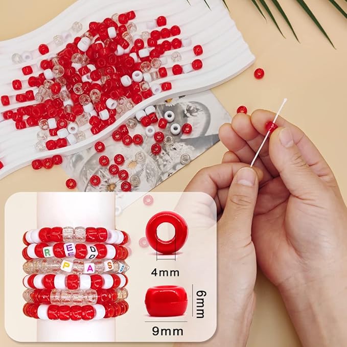 MIIIM 1000PCS 6x9mm Pony Beads Bulk, 4 Styles Red Kandi Beads for Bracelets Making Kit, Hair Braids Crafts for Jewelry Making (Red)