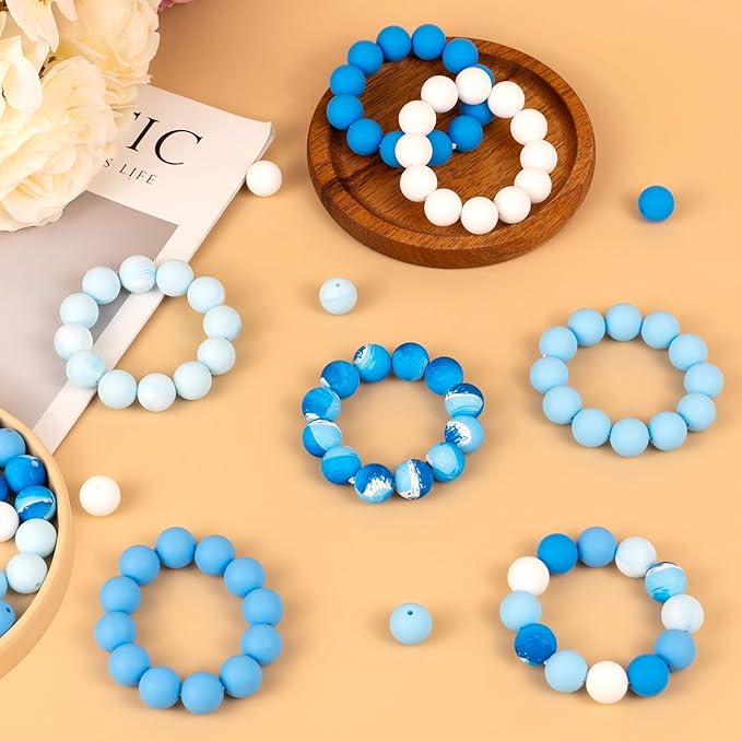 120 Pcs 15mm Silicone Beads for Keychain Making Bracelets Blue White 6 Colors Silicone Round Beads Bulk for Crafts Pens Supplies