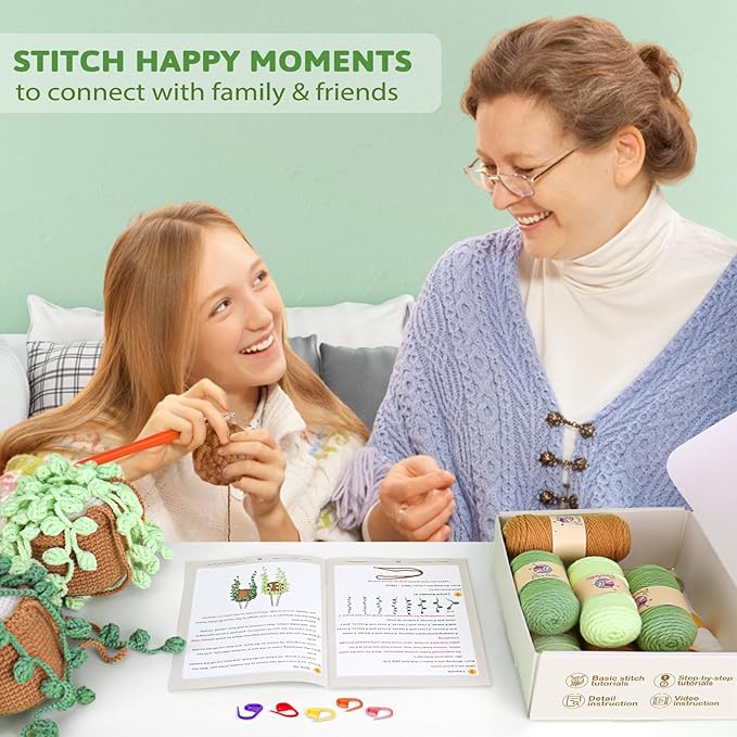 Crochetta Crochet Kit for Beginners, Amigurumi Crocheting Animals Kits w Step-by-Step Video Tutorials, Knitting Starter Pack for Adults and Kids, 2 Hanging Plant Familly (40%+ Yarn Content)